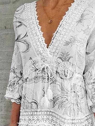 V Neck Printed Three Quarter Sleeve Casual Dress