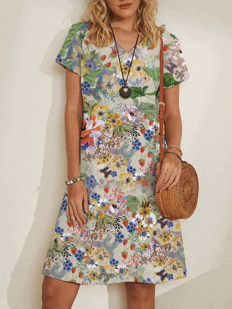 V neck Pullover Short Sleeve Loose Dress