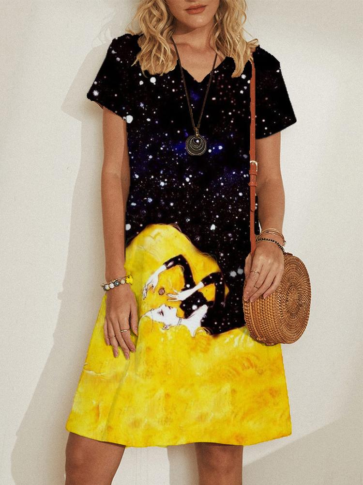 V neck Pullover Short Sleeve Loose Dress