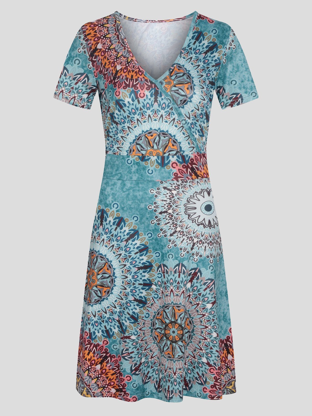 V neck Short sleeved Sun Flower Print Dress