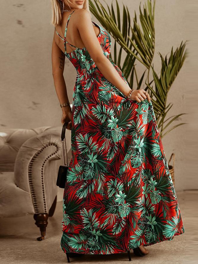 V neck Sling Floral Bohemian Beach Dress