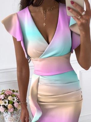 V Neck Tie Dye Print Ruffled Midi Dress