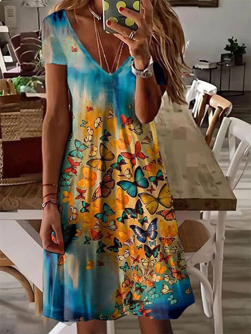 Butterfly Print V Neck Short Sleeve Dress