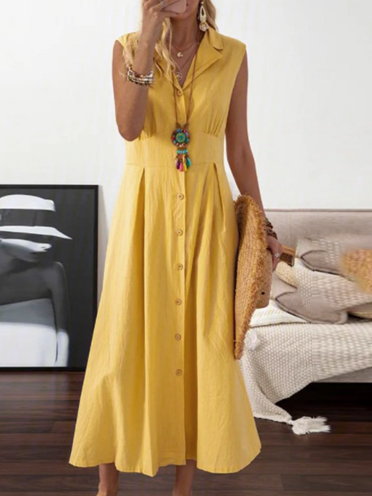 Lapel Vintage Button Sleeveless Dress Ins Street