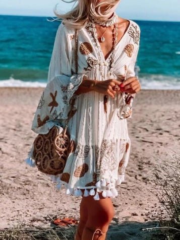 Printed V Neck Fringed Long Sleeve Dress