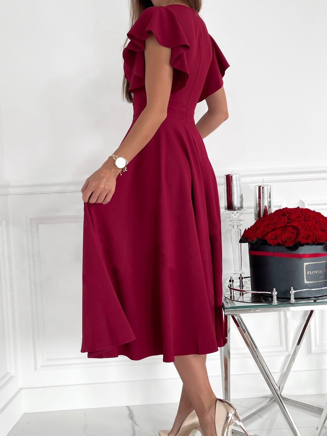 Solid V Neck Ruffle Sleeve Dress