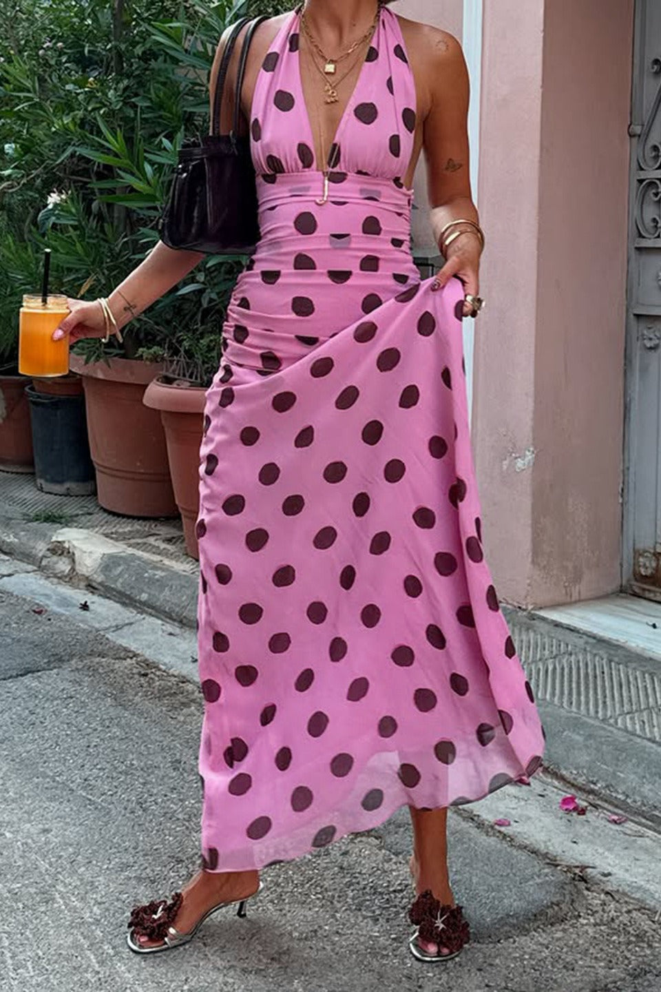 Polka Dot Halter VNeck Color Block Bodycon Maxi Dress