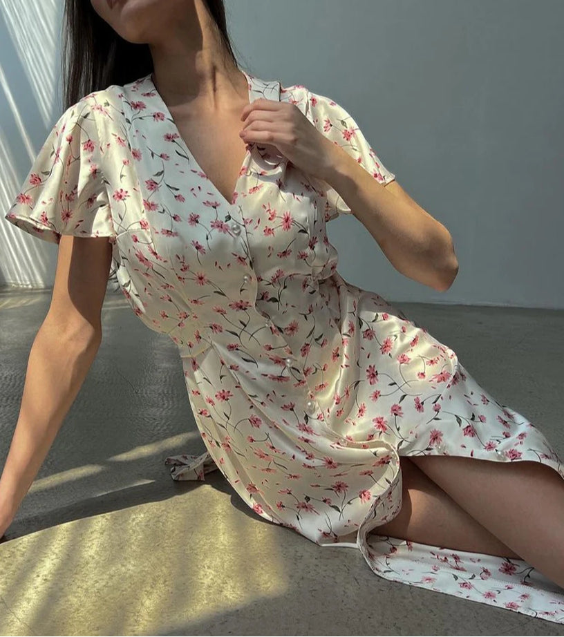 Vneck Short Sleeve Midi Floral Dress