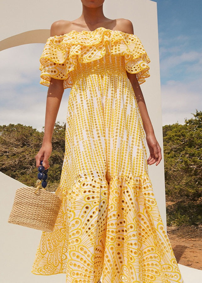 Soleia Ruffle Off Shoulder Dress EmbroideRed Boho Midi