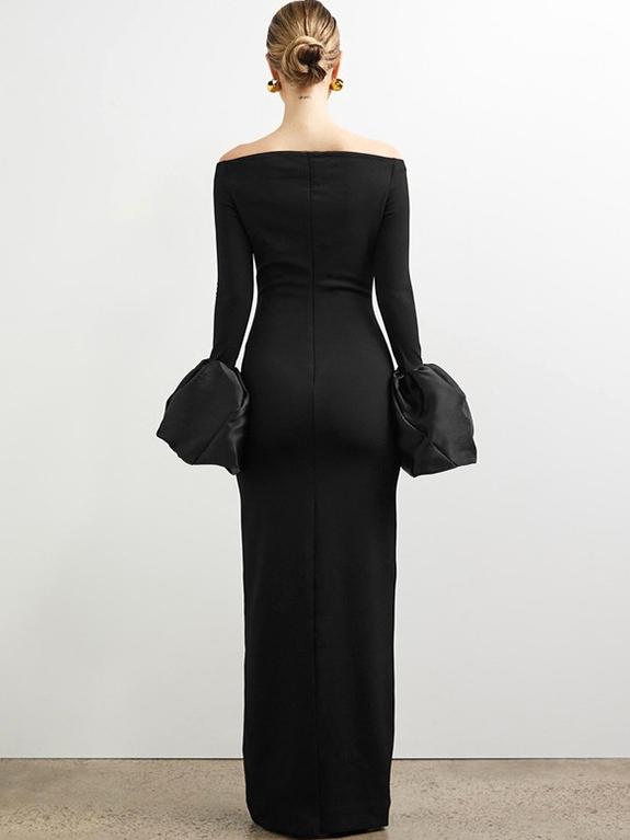 Long Sleeve Fitted Dress with Puff Sleeves and One Shoulder Neckline