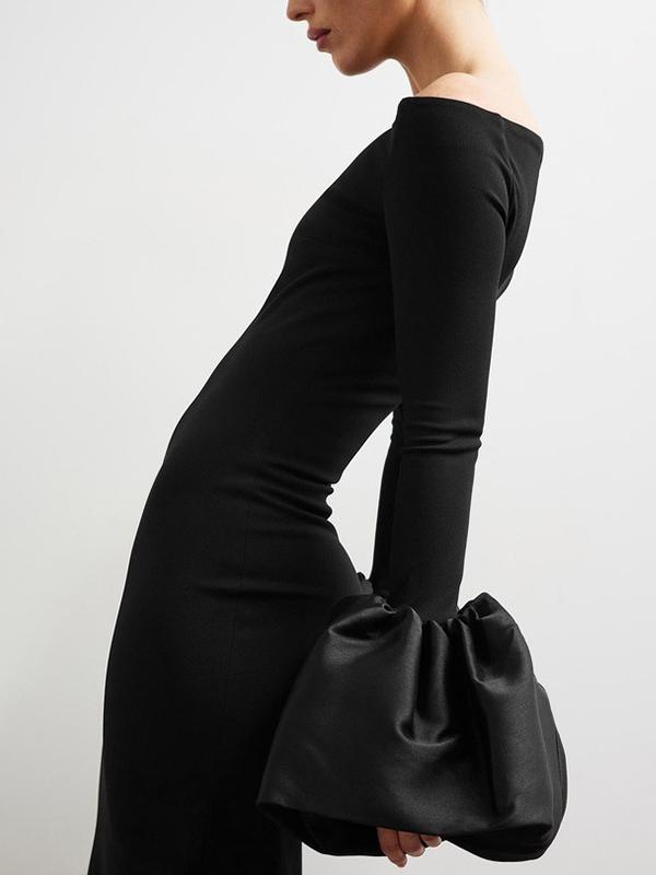 Long Sleeve Fitted Dress with Puff Sleeves and One Shoulder Neckline
