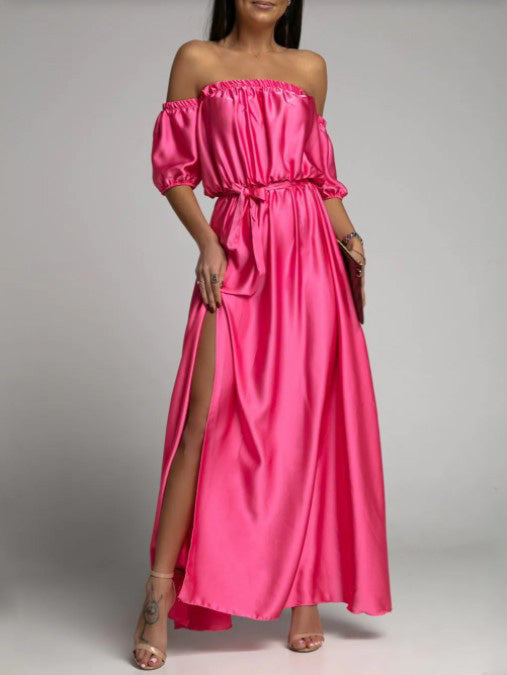 One Shoulder Short Sleeve Slit Dress