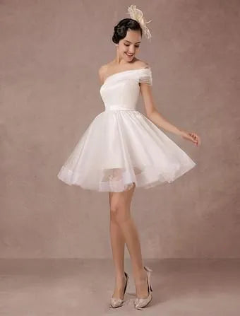 One Shoulder Above Knee Length Wedding Gown Bow Satin Court Train Sleeves White Bridal Princess Gown Vestido De Novia Modern Wedding Dress Satin Mermaid