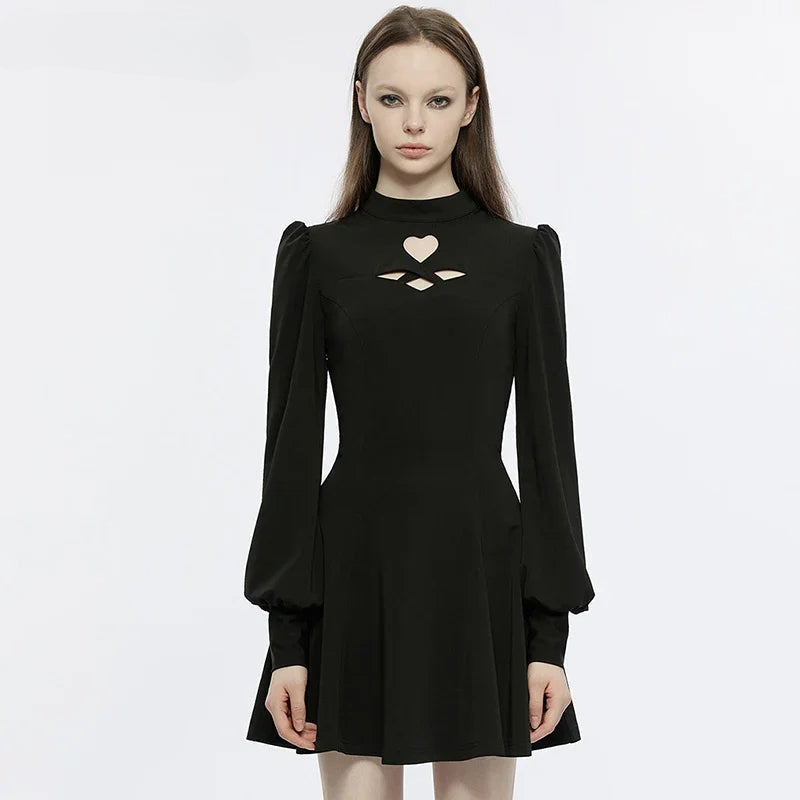 Heartshaped Hollowing Puff Princess Sleeves Gothic Daily Party Club Black Gothic Dress