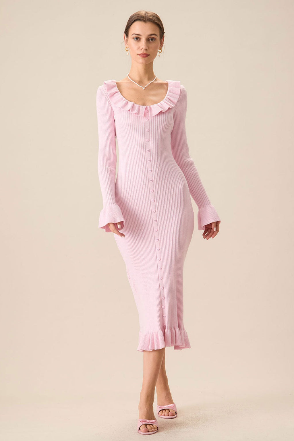 Valerie U Neck Ruffle Midi Knit Dress