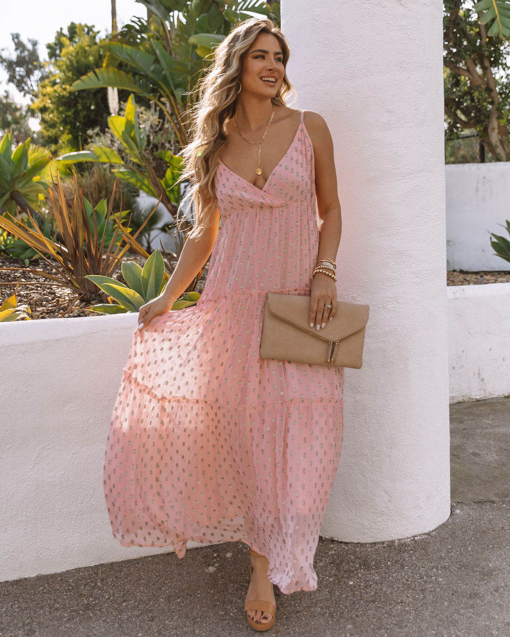 Fathoms Below Adjustable Metallic Tiered Maxi Dress Rose FINAL