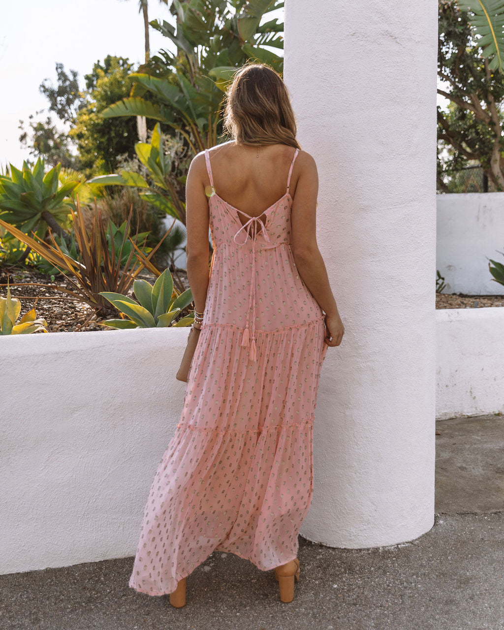 Fathoms Below Adjustable Metallic Tiered Maxi Dress Rose FINAL