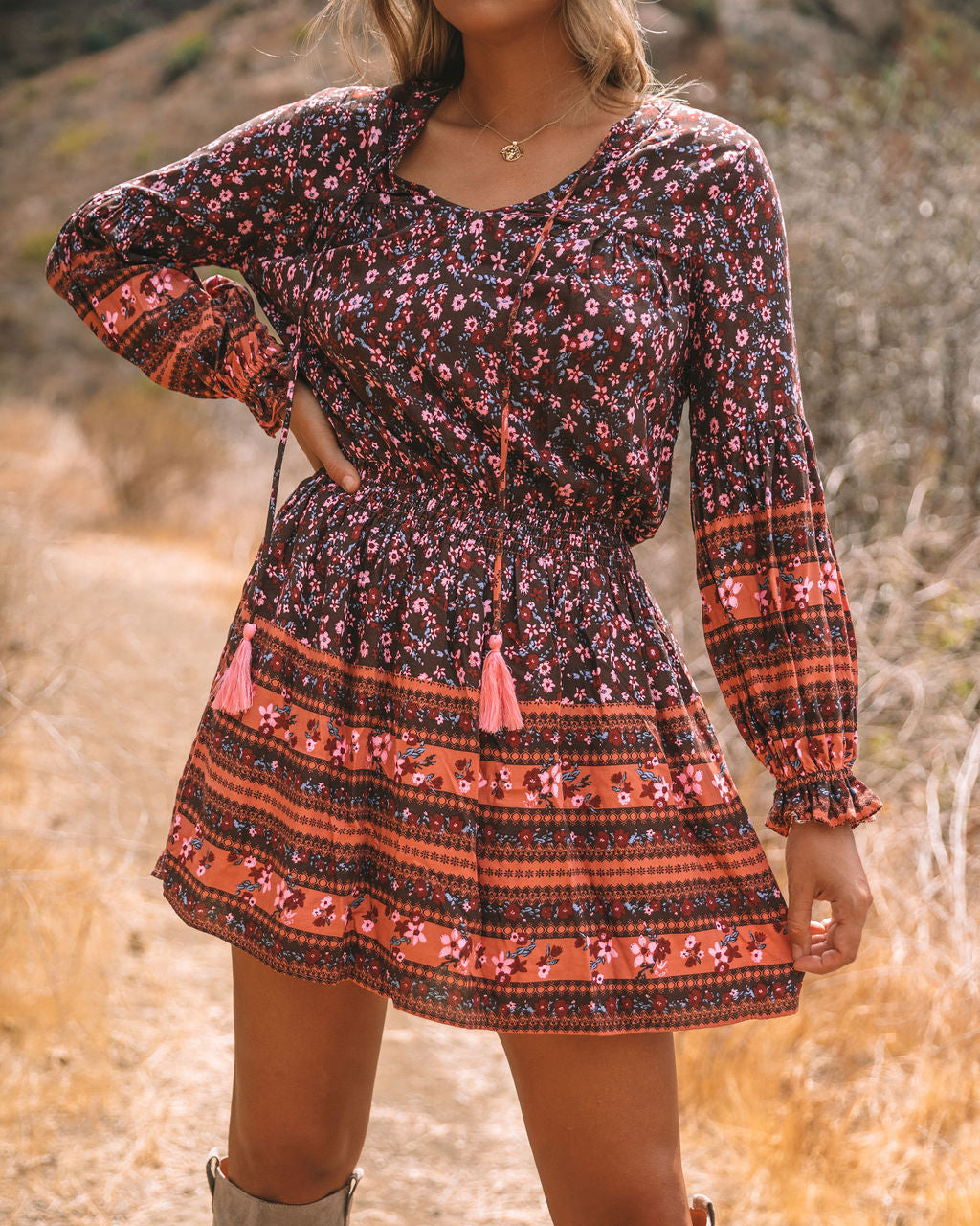Priority Printed Tassel Dress Chocolate FINAL