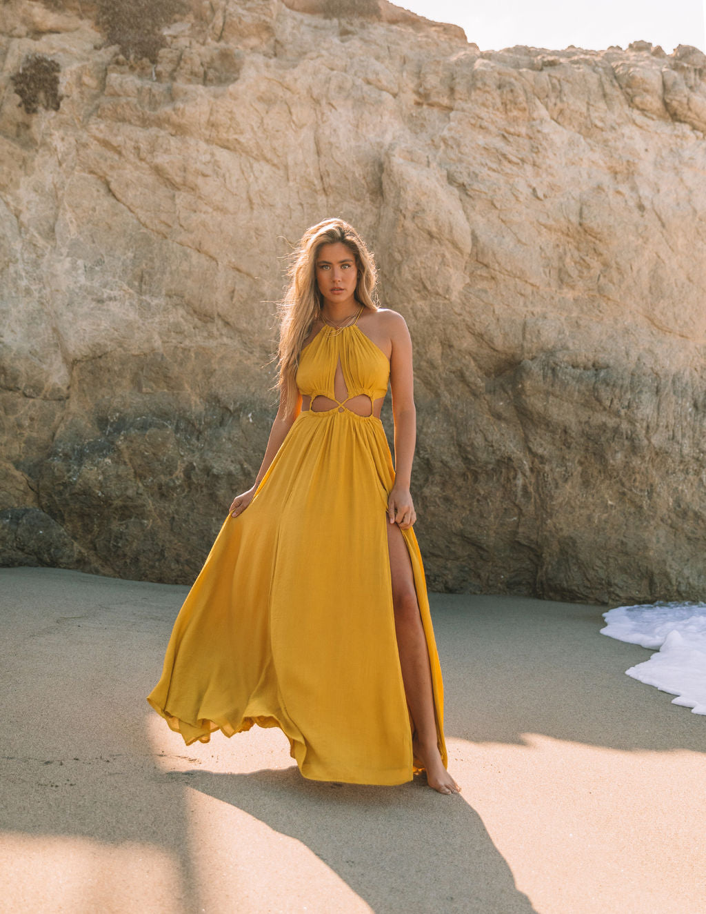 Cailey Cutout Halter Maxi Dress Moss Yellow