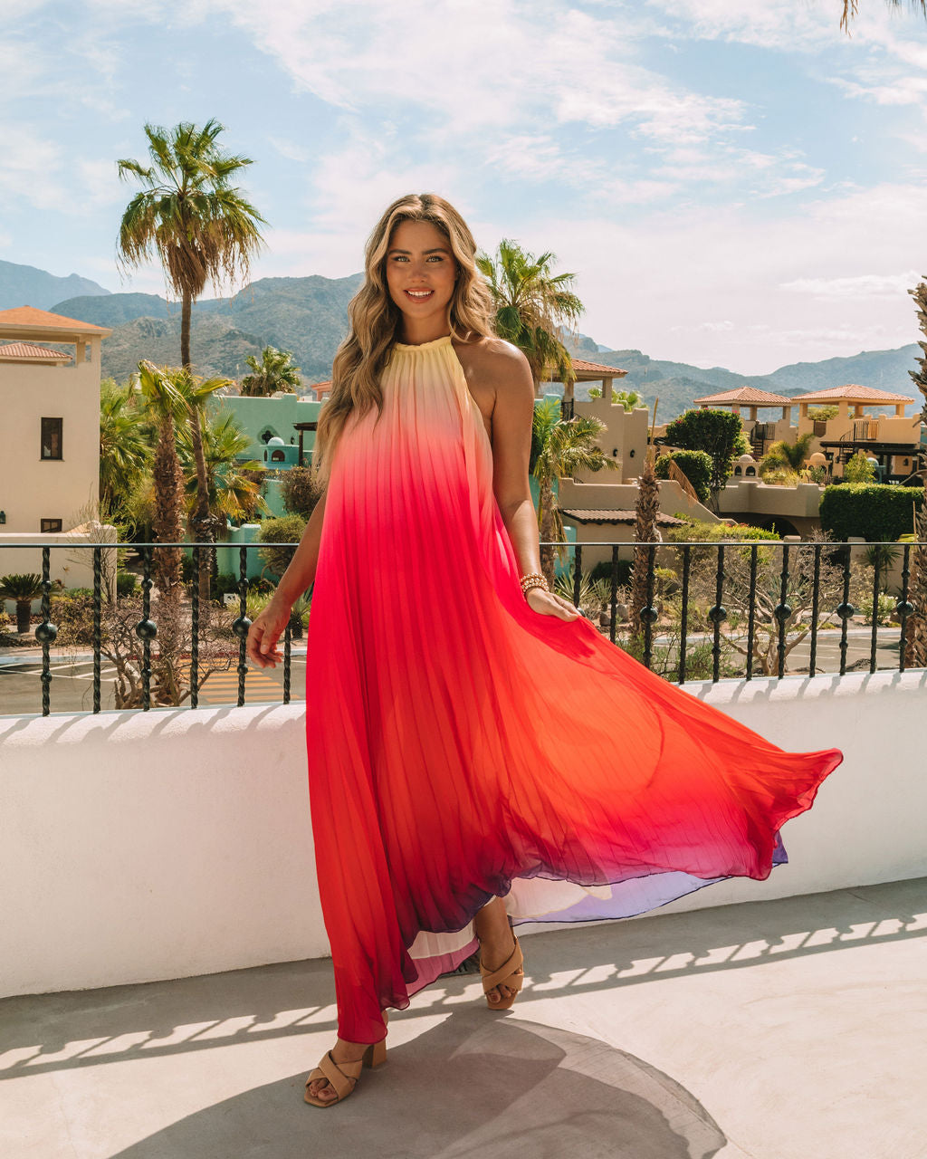 Mykonos Pleated Ombre Halter Maxi Dress Pink Red