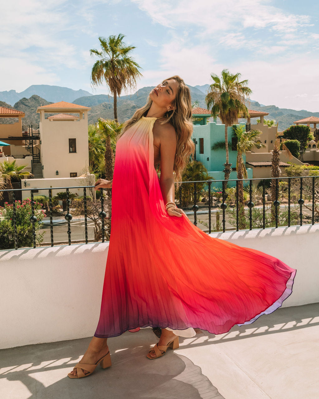 Mykonos Pleated Ombre Halter Maxi Dress Pink Red