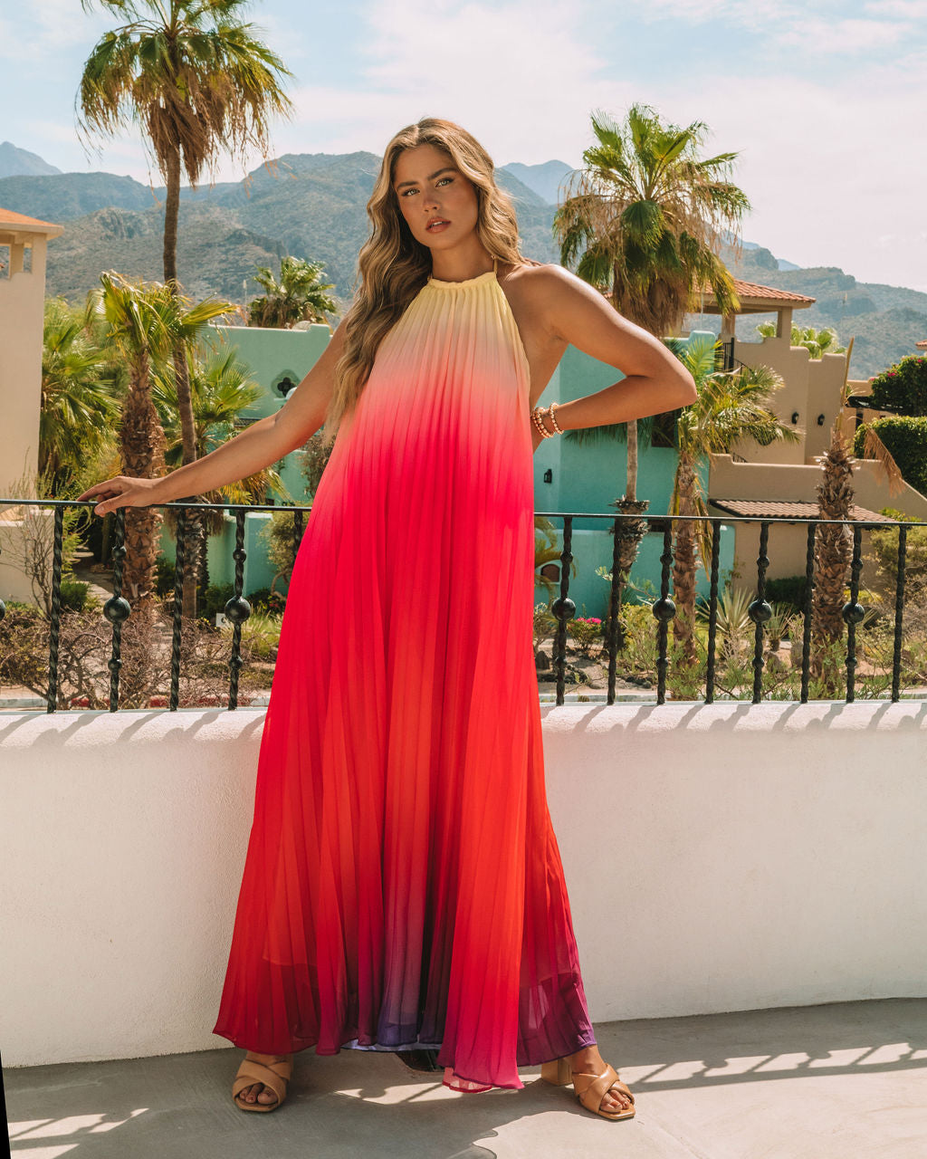 Mykonos Pleated Ombre Halter Maxi Dress Pink Red