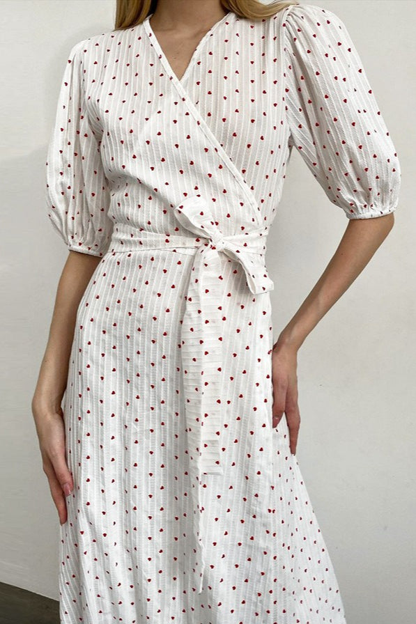 Cotton Heart Print VNeck Wrap Maxi Dress