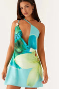 Satin Floral OneShoulder Silk Dress