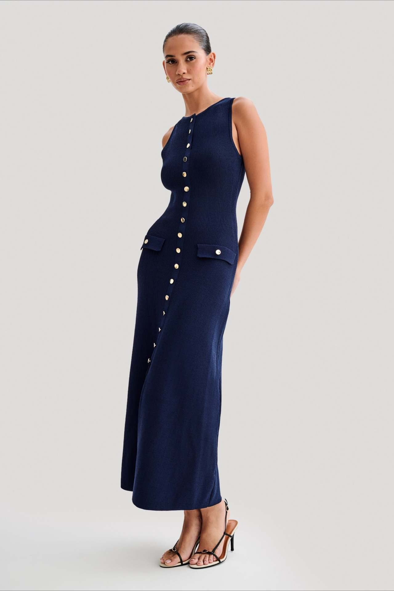 Knit Sleeveless Button Midi Dress