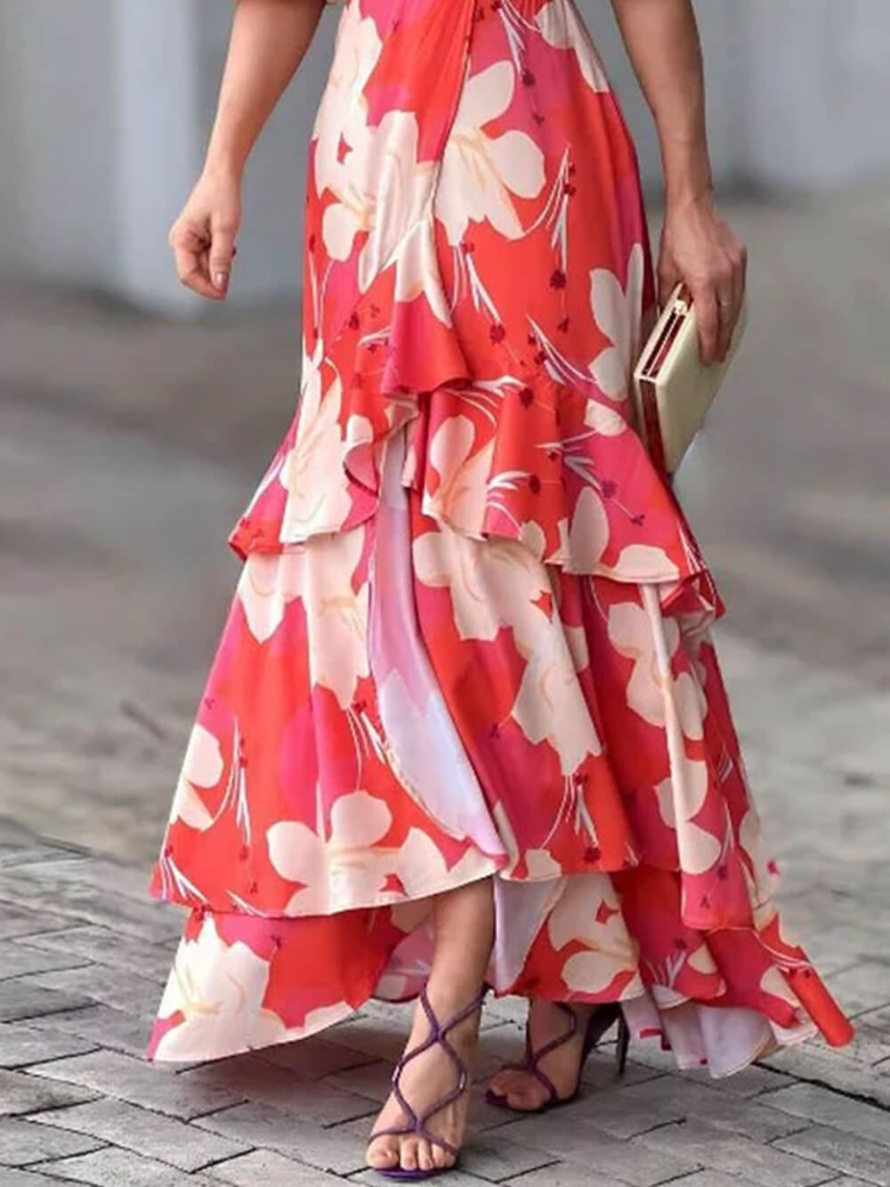 Elegant V Neck Printed Layered Dress