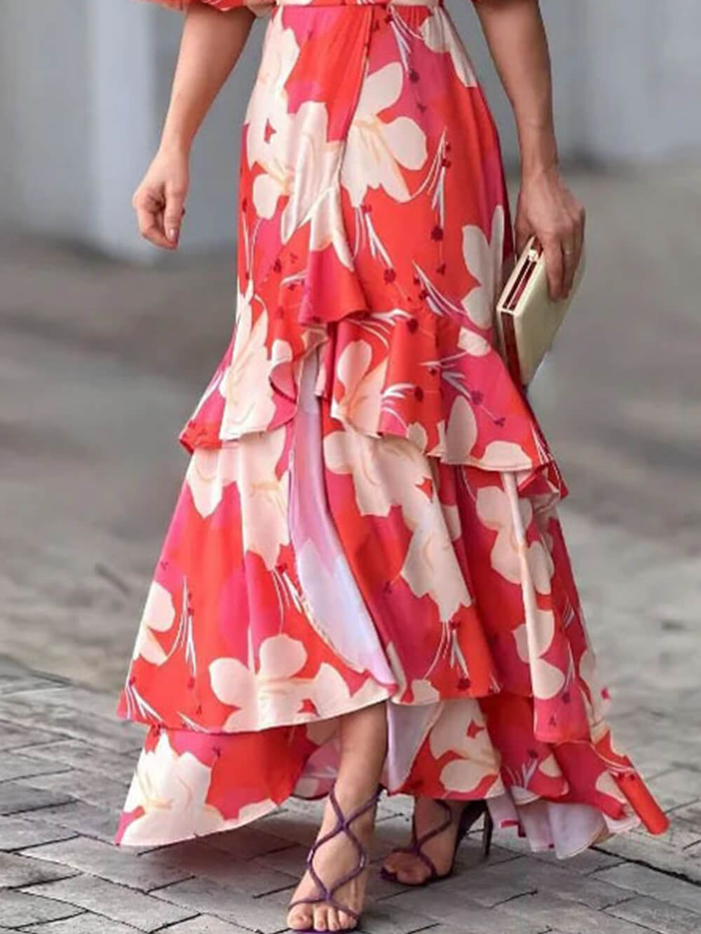 Elegant V Neck Printed Layered Dress