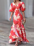 Elegant V Neck Printed Layered Dress
