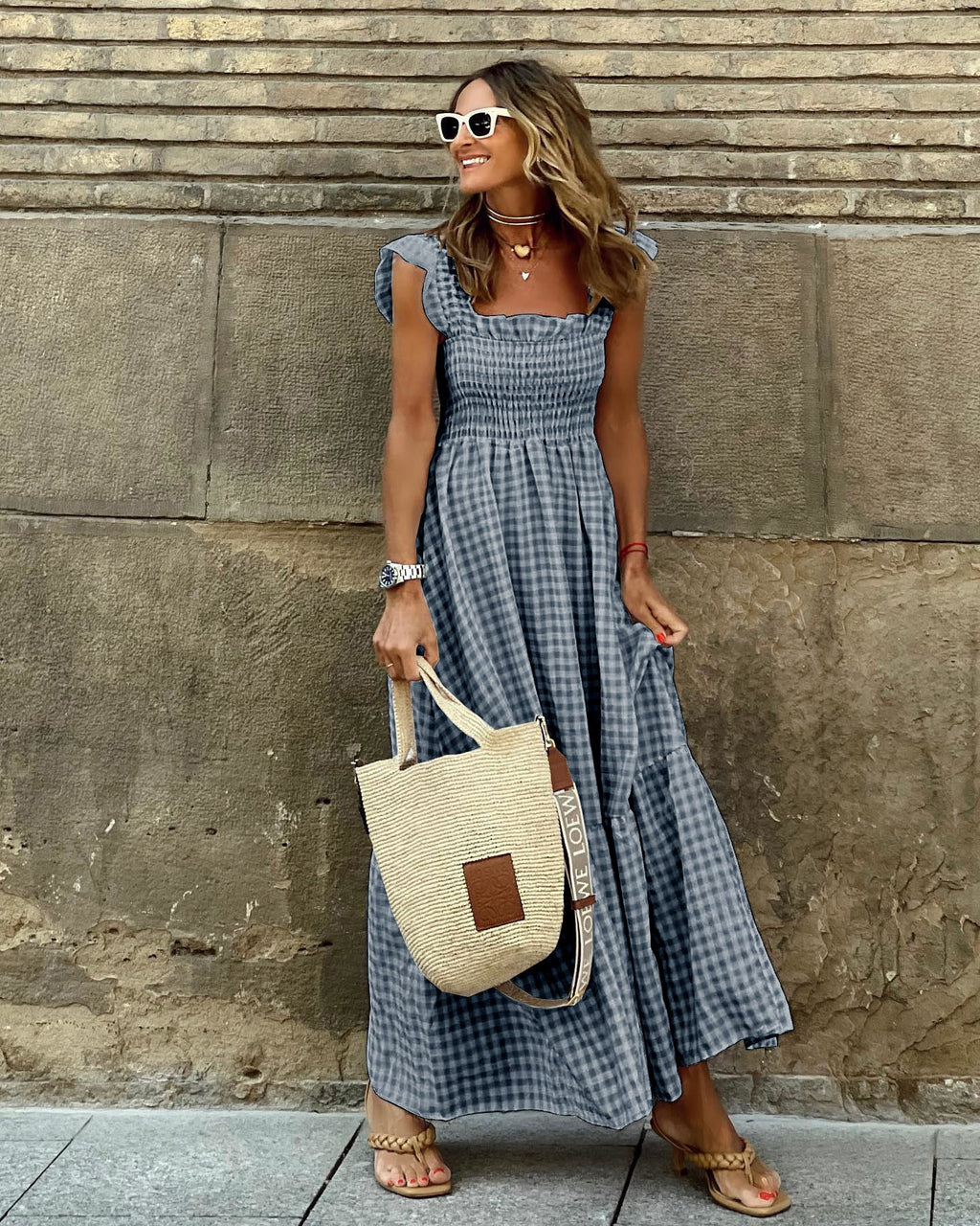 Plaid Ruffled Sleeve Smocked Maxi Dress