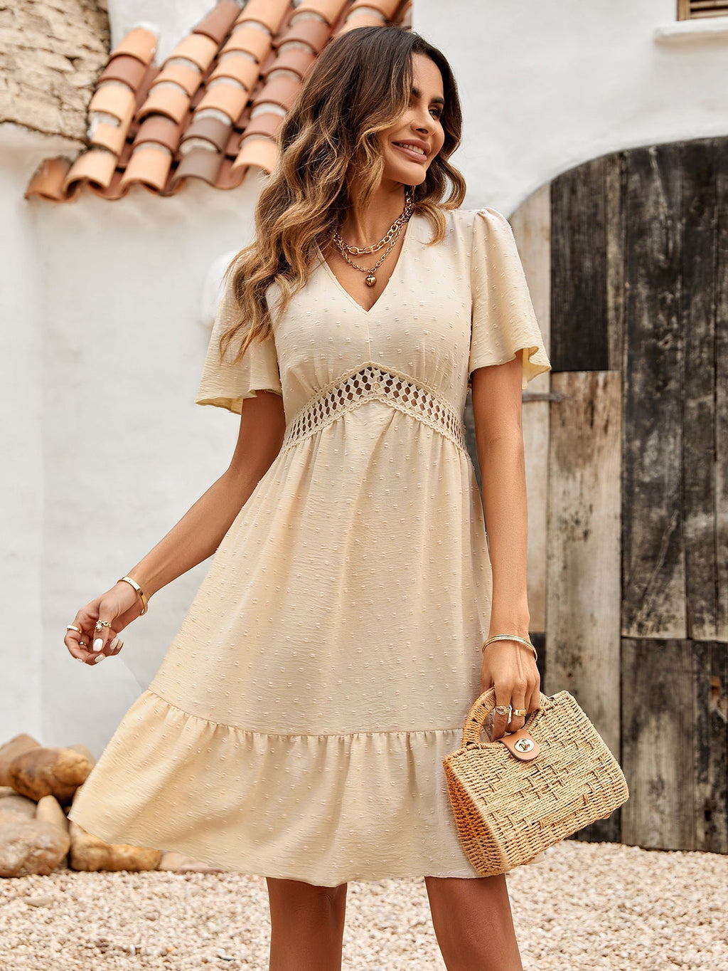 Solid Color V neck Ruffle Sleeve Dress