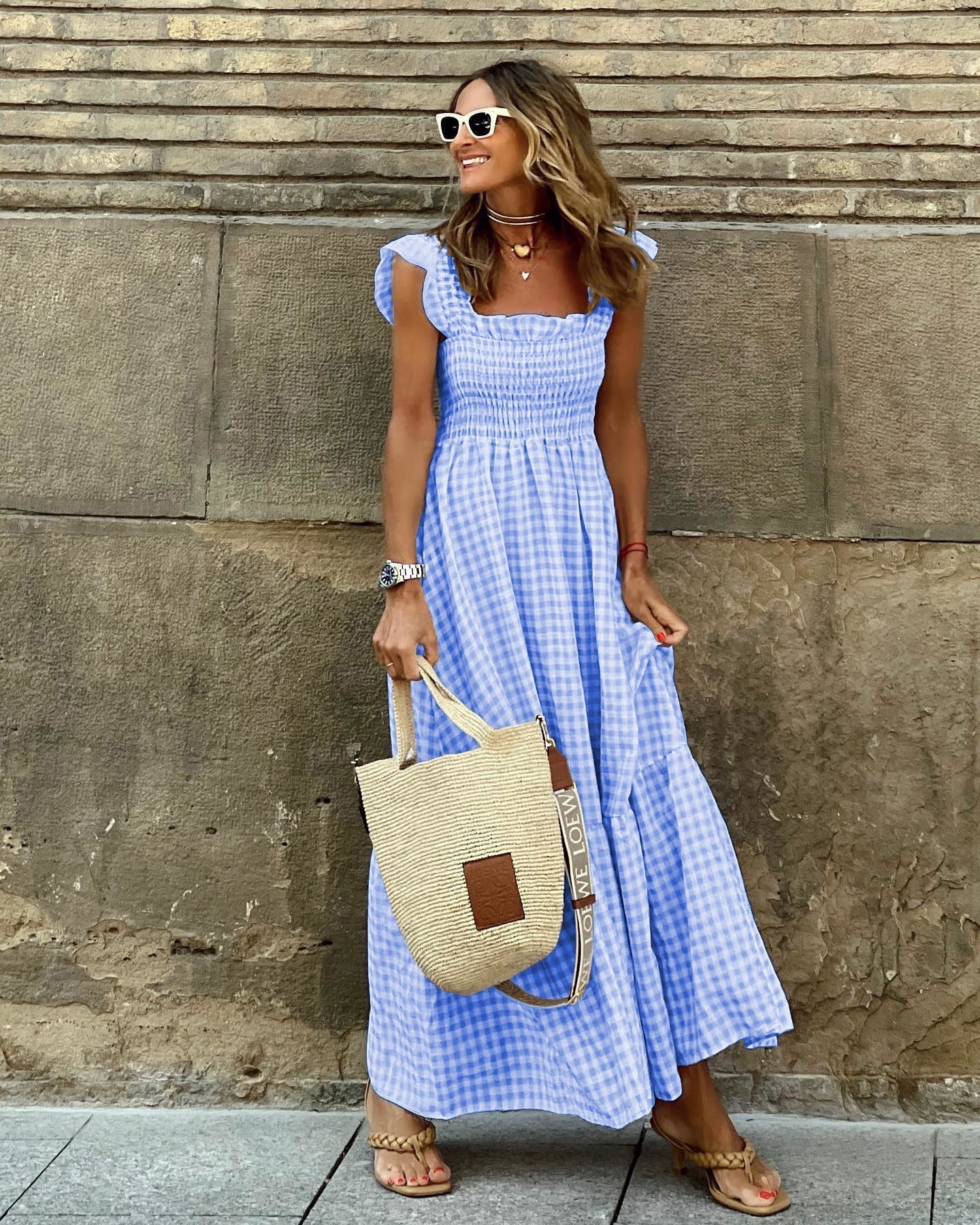 Plaid Ruffled Sleeve Smocked Maxi Dress