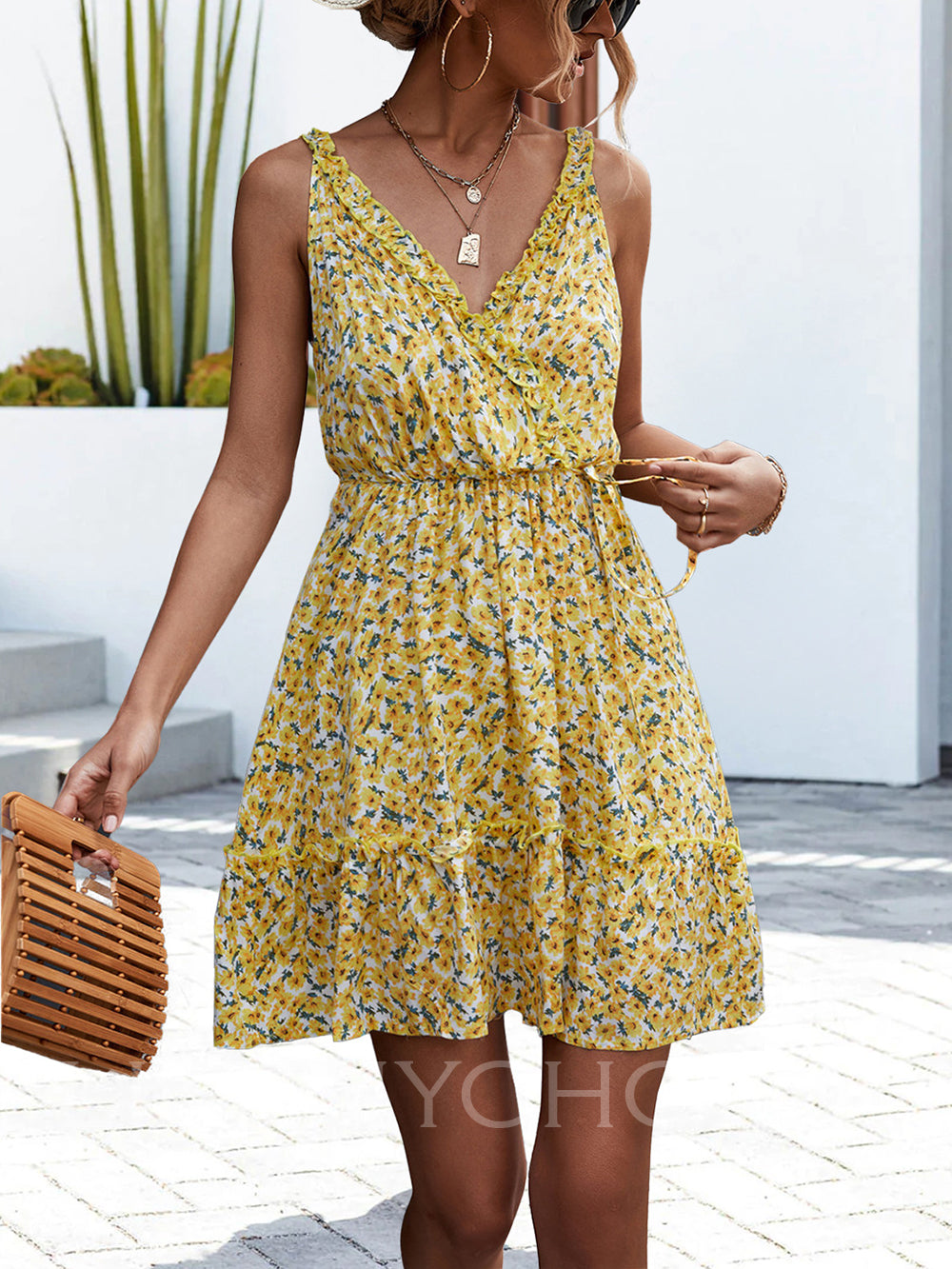 Women Sexy V neck Ruffles Sun Dress