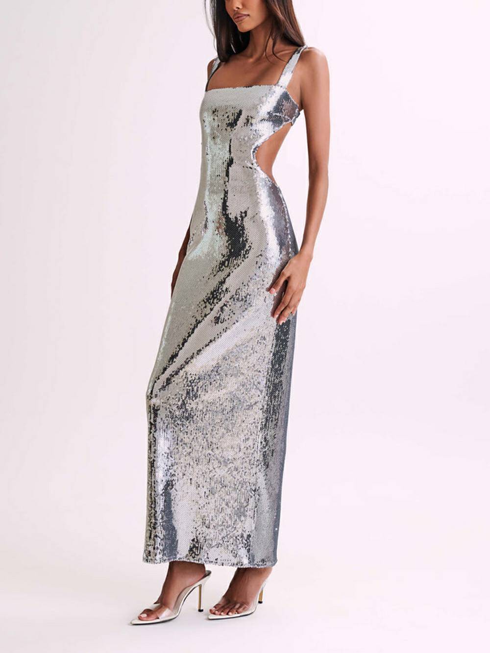 Sequin Cut Out Maxi Dress Silver