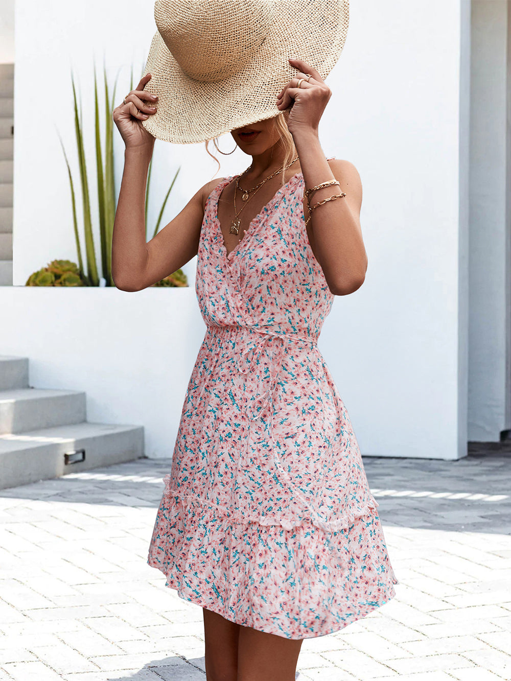 Women Sexy V neck Ruffles Sun Dress