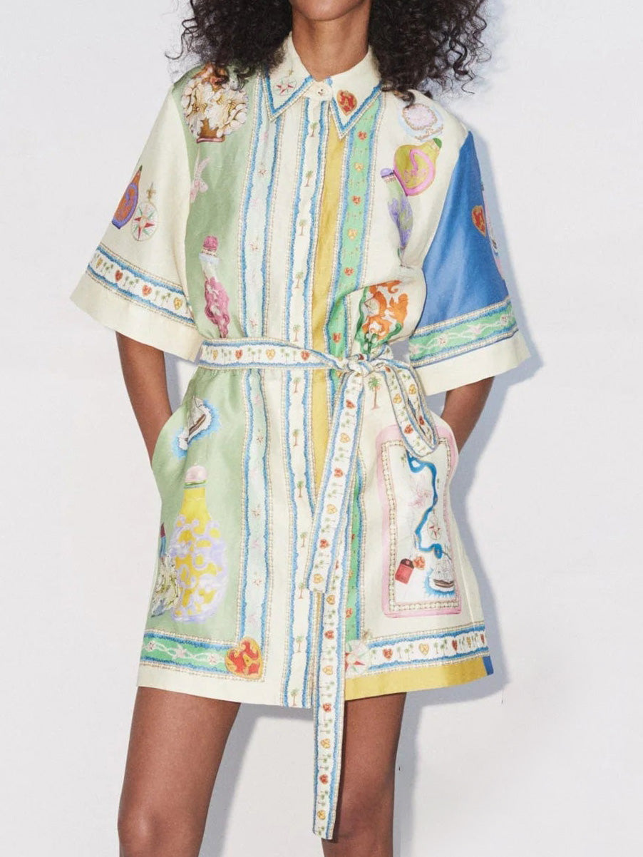 Unique Exquisite Oil Painting Print Lace Up Cardigan Mini Dress