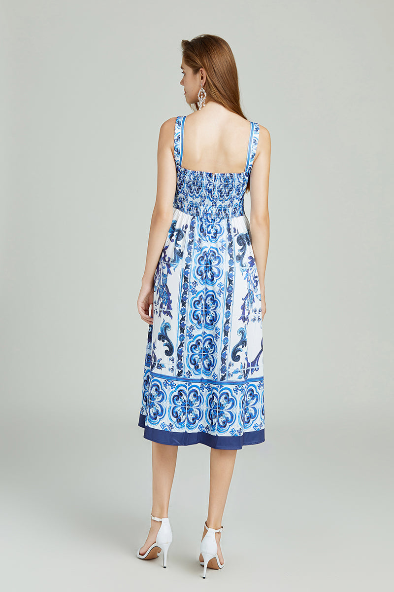 Blue White Porcelain Positioning Retro Printing Three Dimensional Tube Top Strap Dress High Waist Dress