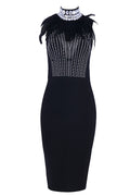 Luxury High Neck Feather Bead Rhinestone Bandage Dress - Mislish