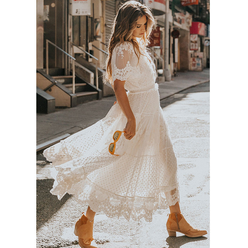Wear V neck Short Sleeve Lace Dress