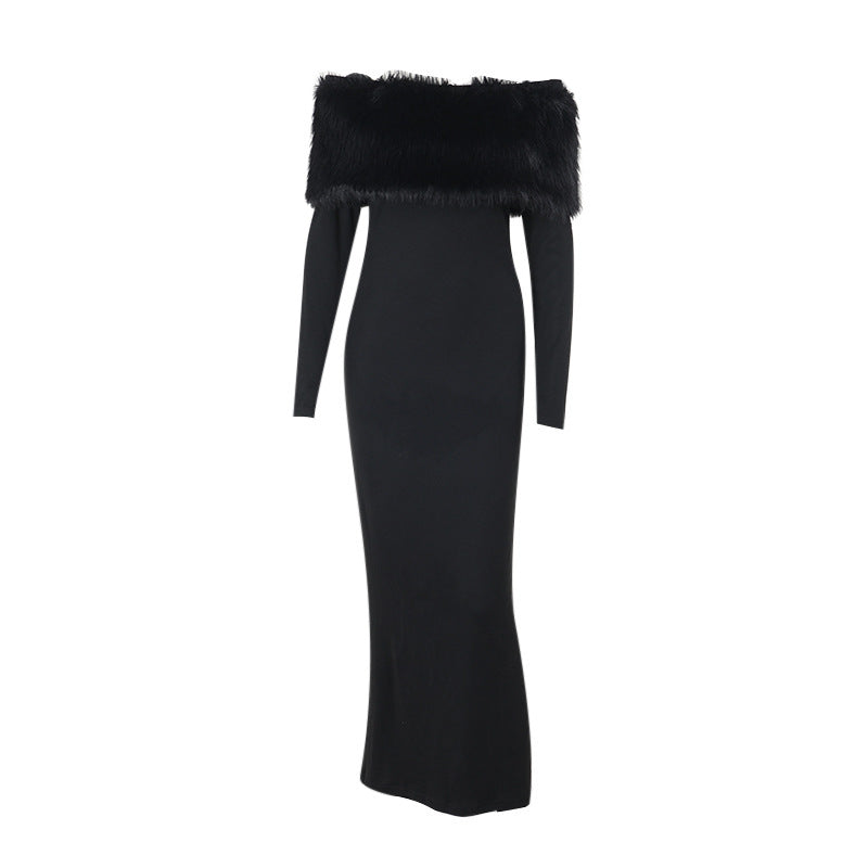 Onyx Fur Midi Dress Black