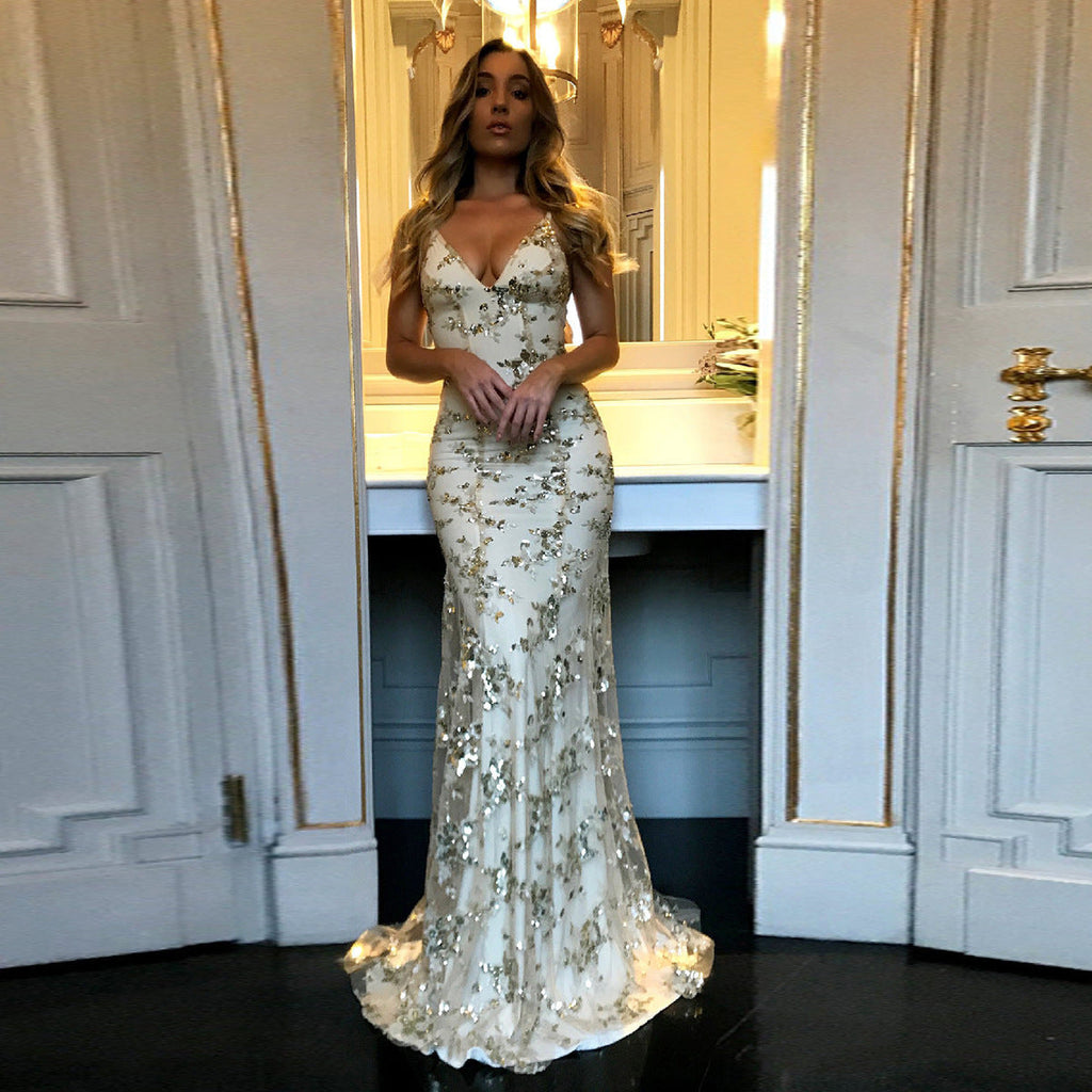 Wedding Sequin Gauze Slim Fit Trailing Backless Formal Dress