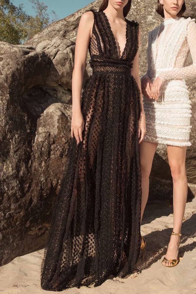 Black See Through V-neck Cutout Long Dress - Mislish