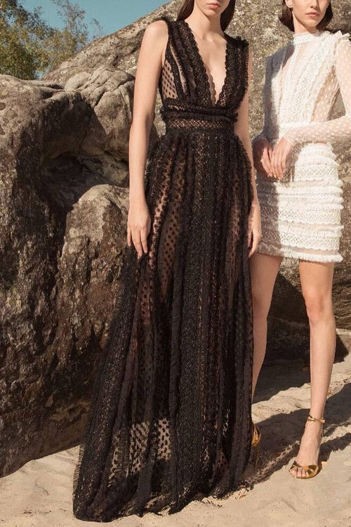Black See Through V-neck Cutout Long Dress - Mislish