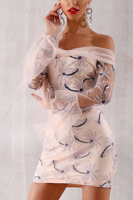 Pink Off Shoulder Tulle Embroidered Bodycon Dress - Mislish
