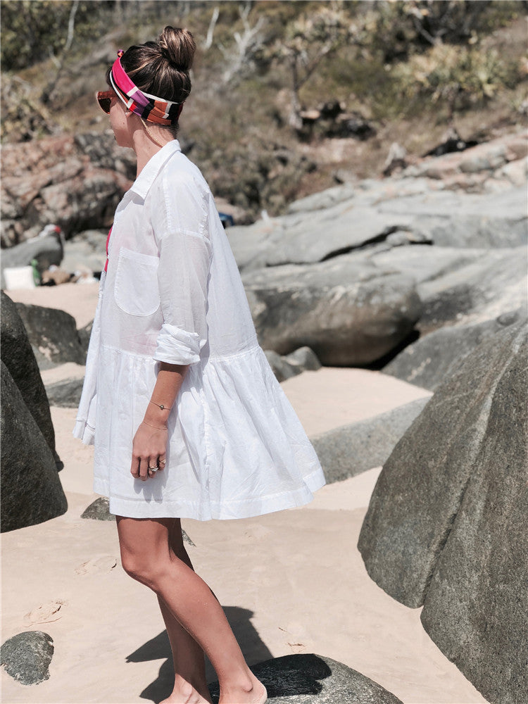 Dodie Cotton Pocketed Puff Sleeve Babydoll Dress White
