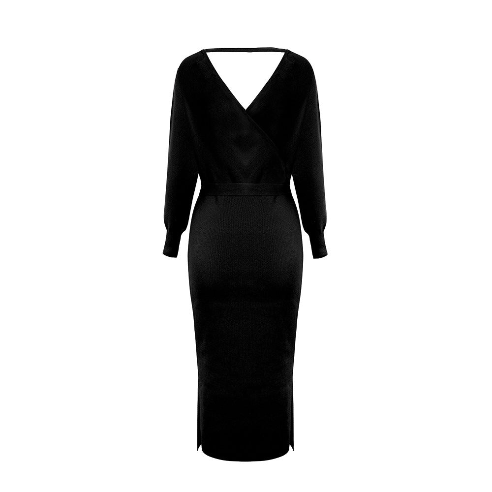 Yara Drape Knit Midi Sweater Dress Black