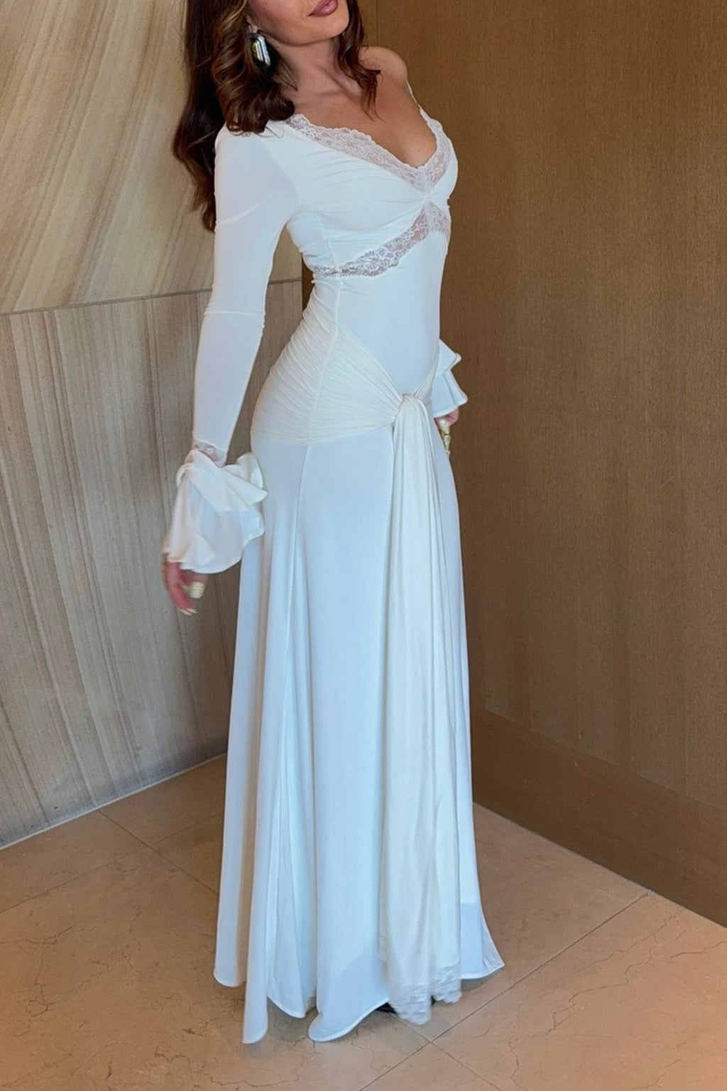 Lace Patchwork Flare Sleeve Tie up Maxi Dress